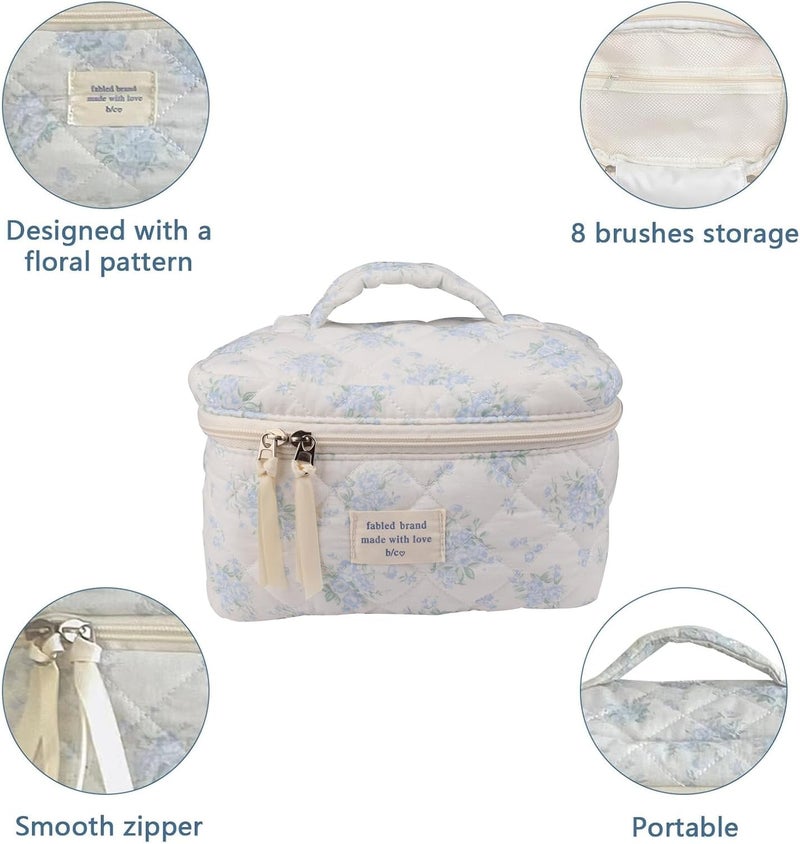 Gosect Large Travel Quilted Makeup Bag for Women,Big Floral Cotton Cosmetic Bag, Cute Coquette Aesthetic Floral Toiletry Organizer Bag (Blue Rose) - Image 4
